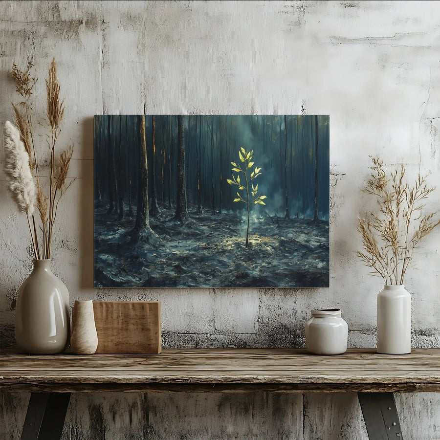 Hopeful Golden Sapling Canvas Wall Art | Burnt Forest Nature Landscape Print | Premium 1.25-inch Gallery Wrap | Inspirational Home Decor Gift