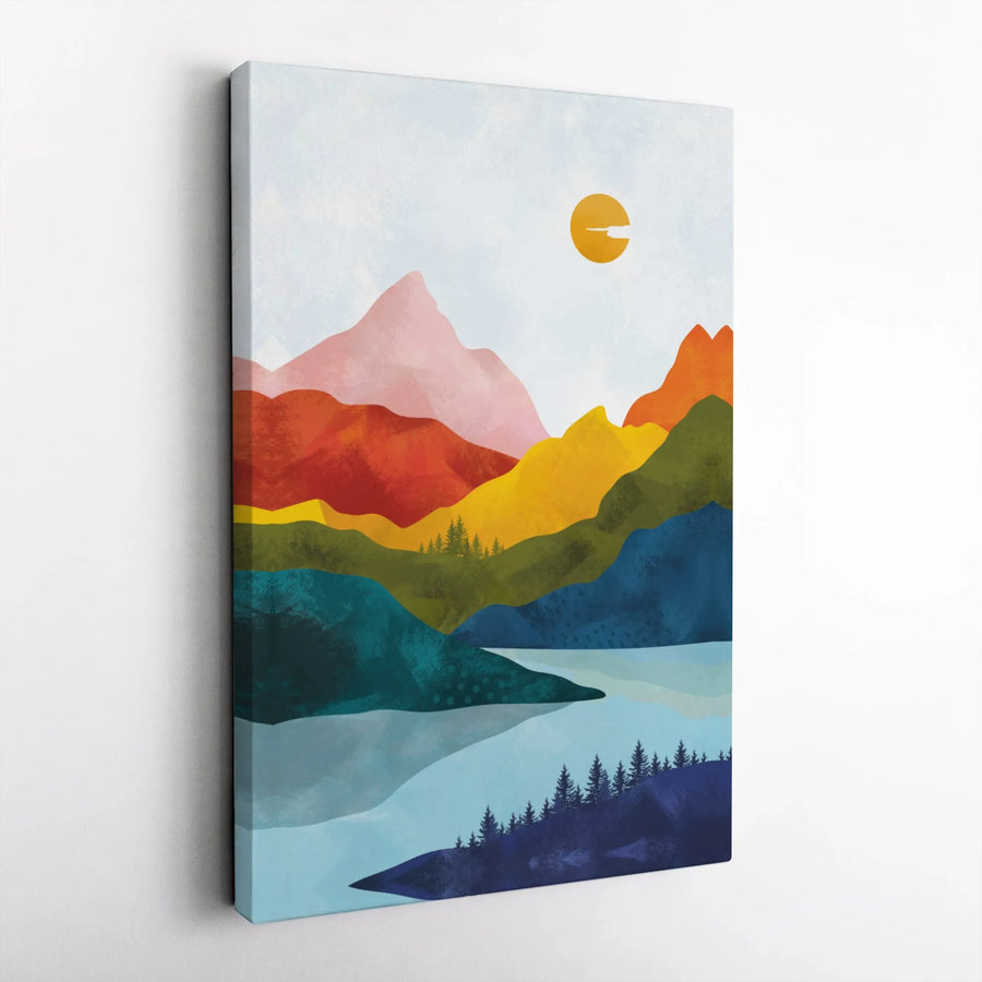 Abstract Mountain Landscape Canvas | Colorful Sunset Over Lake Wall Art | Premium 1.25-Inch Gallery Wrap | Modern Home Decor Gift
