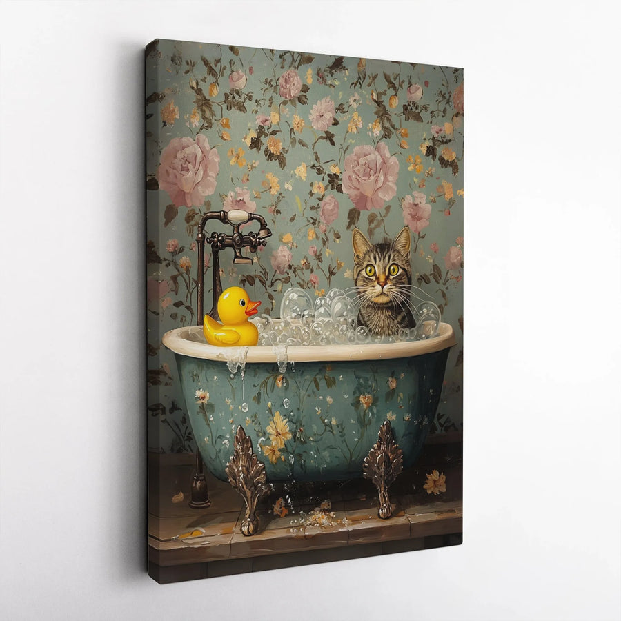 Funny Cat in Bathtub Canvas Art | Whimsical Bathroom Scene with Rubber Duck | Premium Gallery Wrap Print | Bathroom Decor Gift for Cat Lovers