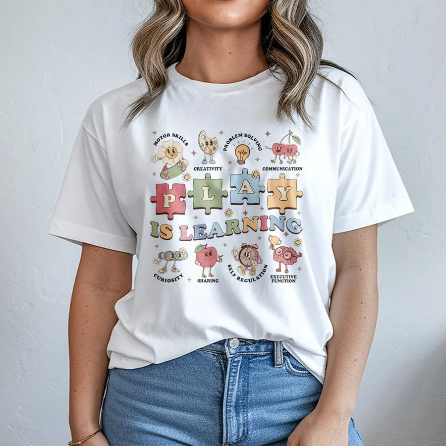 Play is Learning Teacher T-Shirt | Retro Play Based Learning Graphic | Soft Cotton Blend | Gift for Kindergarten & Preschool Educator
