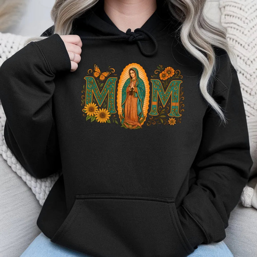 Virgen De Guadalupe Mom Hoodie | Floral Mexican Heritage Graphic | Premium Cotton Blend | Religious Mother's Day 2026 Gift for Latina Mom