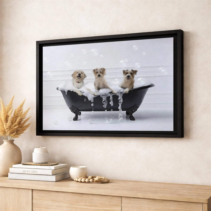 Dogs In Clawfoot Tub Canvas Art | Funny Dog Bubble Bath Photography | Premium Gallery-Wrapped Wall Decor | Unique Gift For Dog Lovers