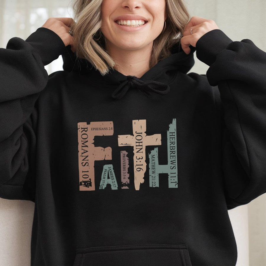 Faith Hoodie | Bible Verse Scripture Typography | Premium Cotton-Blend Sweatshirt | Christian Faith-Based Apparel Gift for Women and Men
