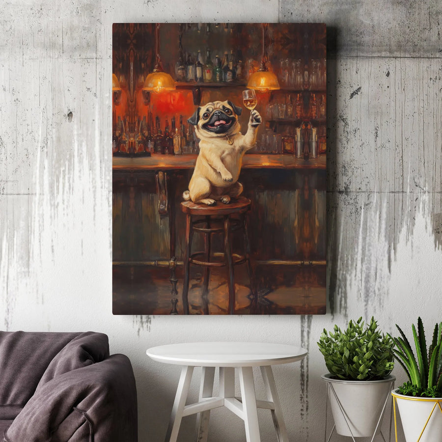 Funny Pug Bar Canvas Wall Art | Vintage Dog Painting | Gallery Quality Print | Unique Home Bar Decor & Gift for Dog Lovers