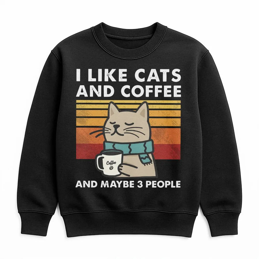 I Like Cats And Coffee Sweatshirt | Retro Funny Cat Graphic Crewneck | Premium Cotton Blend | Gift For Cat Lovers And Coffee Drinkers