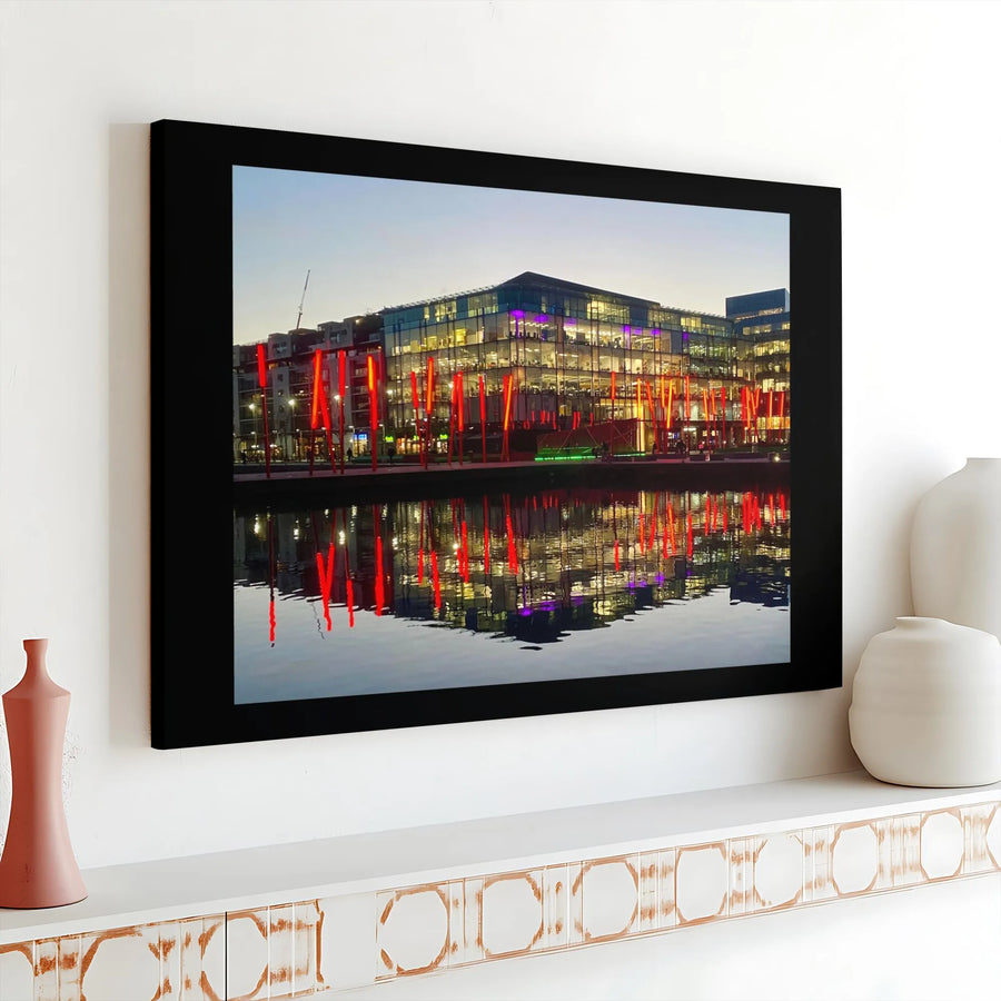 Dublin Grand Canal Dock Canvas Print | Modern Night Cityscape Reflection Art | Premium 1.25" Gallery Wrap | Travel Photography Gift for Home Office
