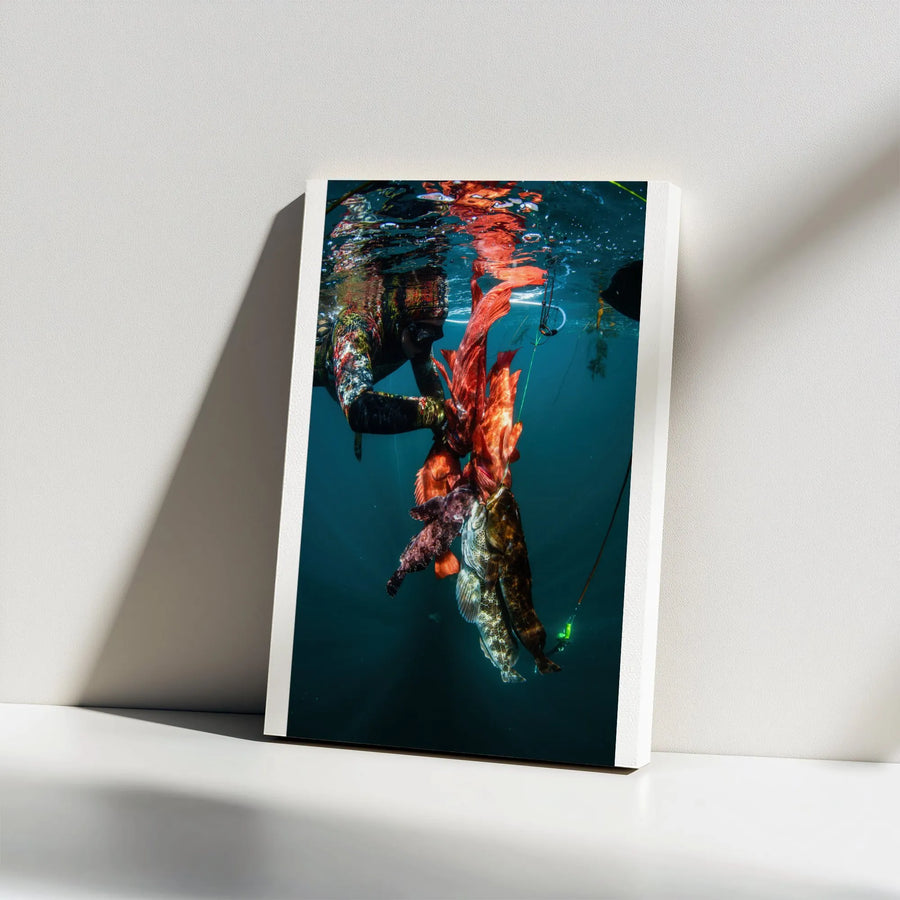 Spearfishing Wall Art | Underwater Hunter with Catch Canvas Print | Gallery-Quality Canvas | Gift for Fisherman Man Cave Decor