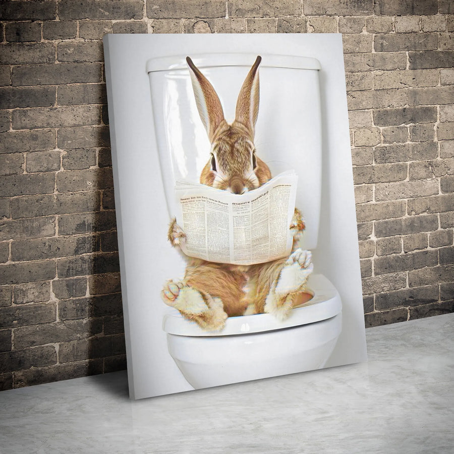 Rabbit Toilet Reading Newspaper Canvas | Funny Animal Bathroom Wall Art | Gallery Wrapped Premium Decor | Whimsical Home Decor Gift