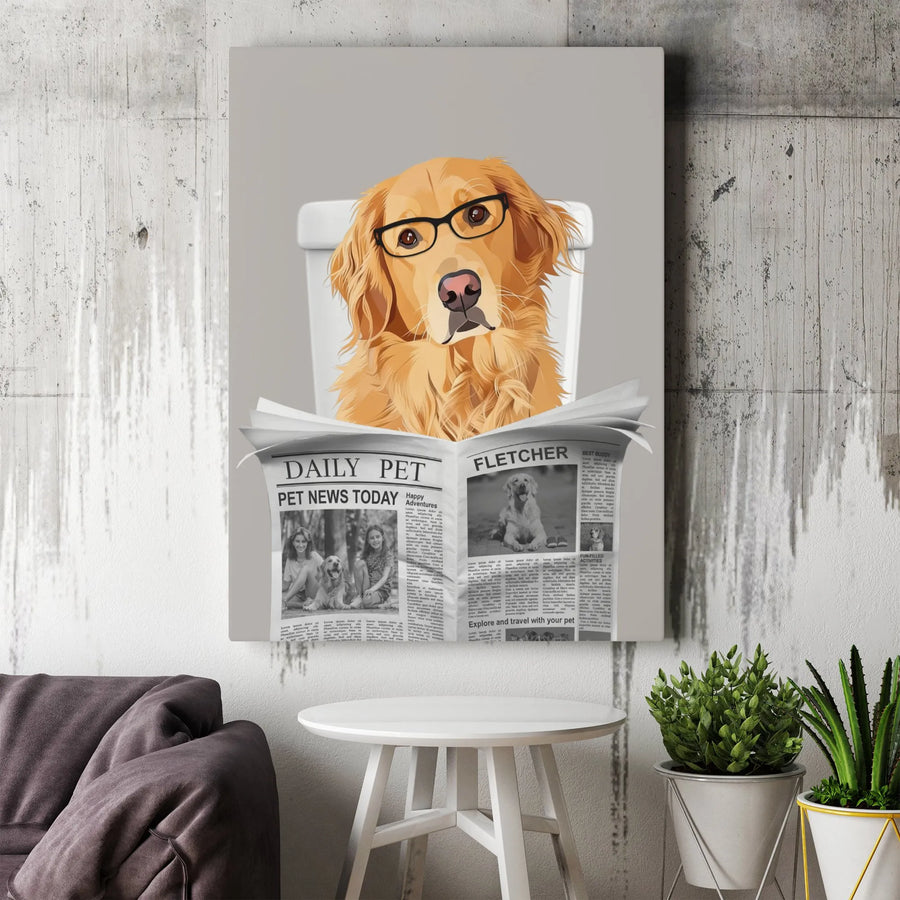 Golden Retriever Reading Newspaper Canvas | Funny Dog on Toilet Wall Art | Premium Gallery Wrap Decor | Unique Pet Lover Bathroom Gift