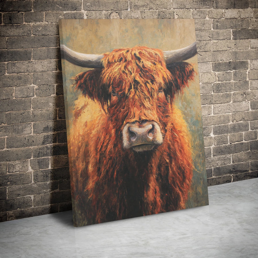 Highland Cow Canvas Wall Art | Rustic Farmhouse Animal Portrait | Premium Gallery Wrapped Print | Farmhouse Decor Gift for Animal Lovers