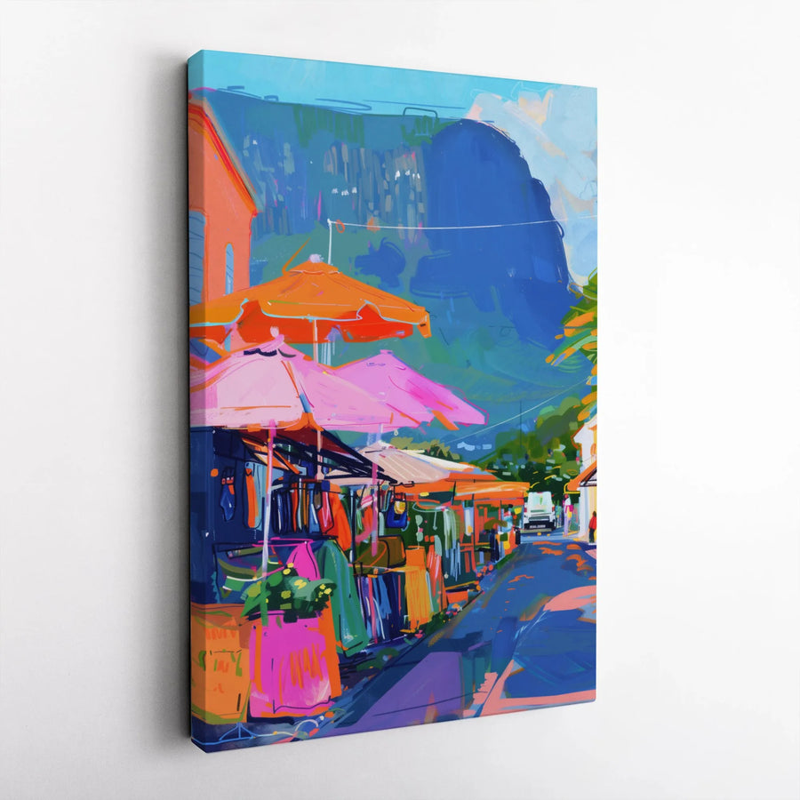 Colorful Street Market Canvas Art | Vibrant Impressionist Cityscape Print | Premium 1.25 Inch Gallery Wrap | Modern Home Office Wall Decor Gift