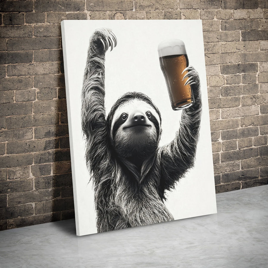 Funny Sloth Wall Art | Monochrome Beer Pint Canvas Print | Premium Gallery Wrap Decor | Unique Gift For Beer Lovers And Sloth Enthusiasts