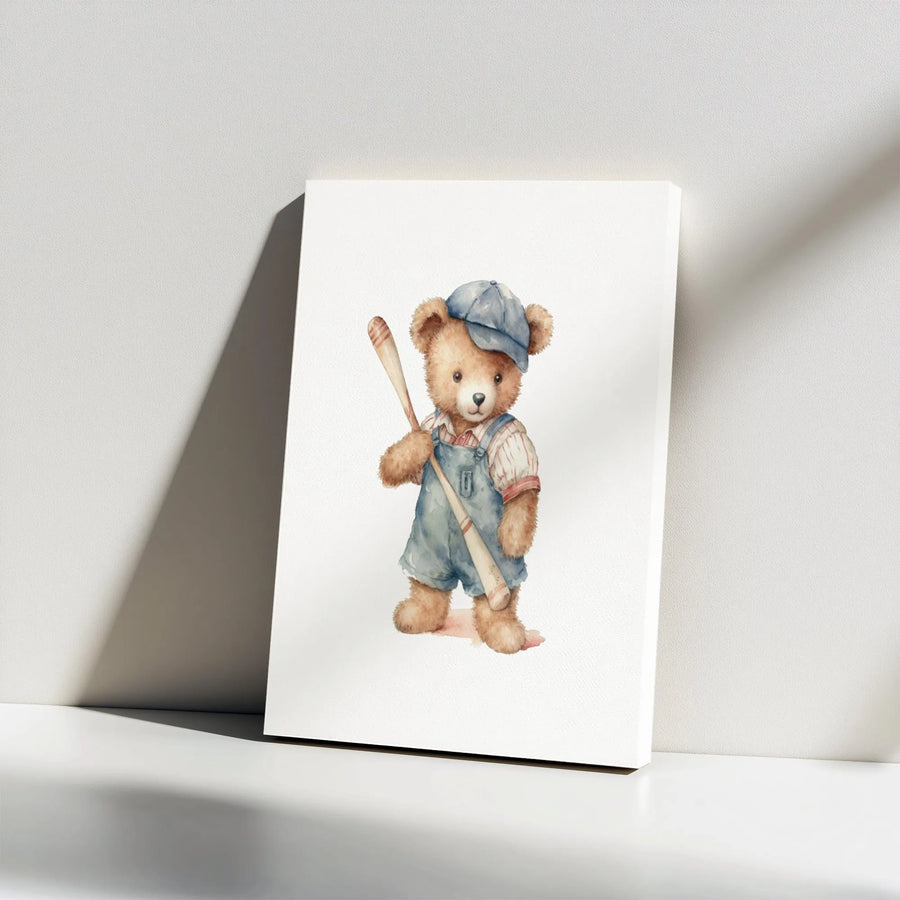 Baseball Teddy Bear Canvas Print | Watercolor Animal Illustration | Premium Gallery Wrapped Canvas | Nursery Decor Gift for Kids Room
