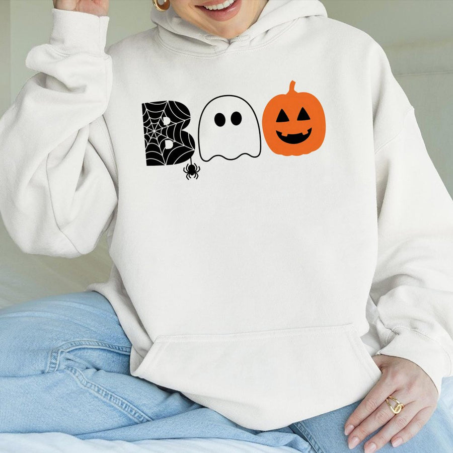 Boo Halloween Hoodie | Spooky Ghost and Pumpkin Graphic | Premium Cotton Blend | Funny Fall Gift for Women and Men