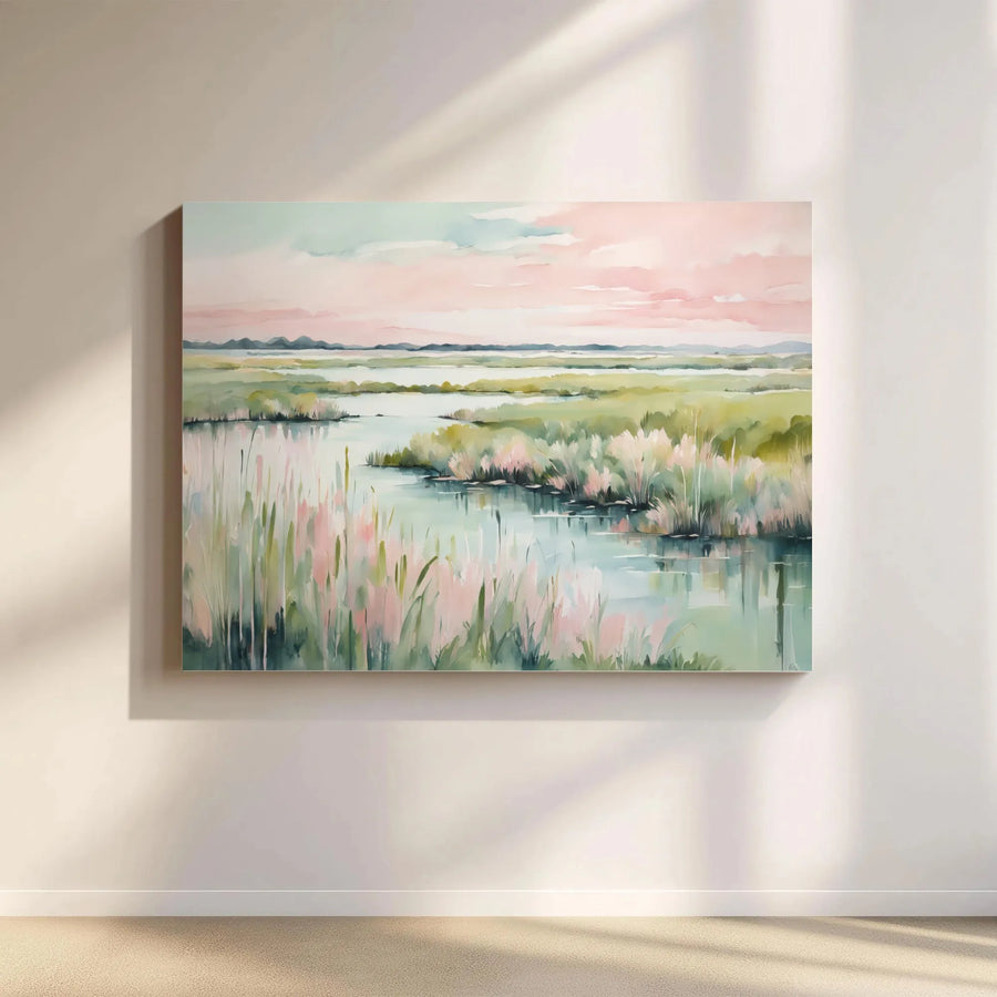Watercolor Marsh Landscape Canvas | Pink Sky Coastal Wall Art | Gallery Wrapped Premium Print | Tranquil Nature Decor for Home and Office