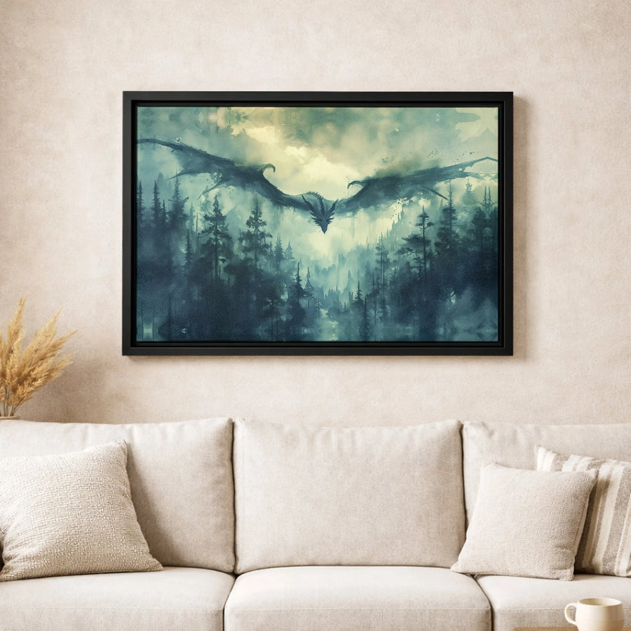 Dragon Wall Art | Watercolor Misty Forest Landscape Canvas | Premium Fade-Resistant Gallery Print | Fantasy Decor Gift for Home Office