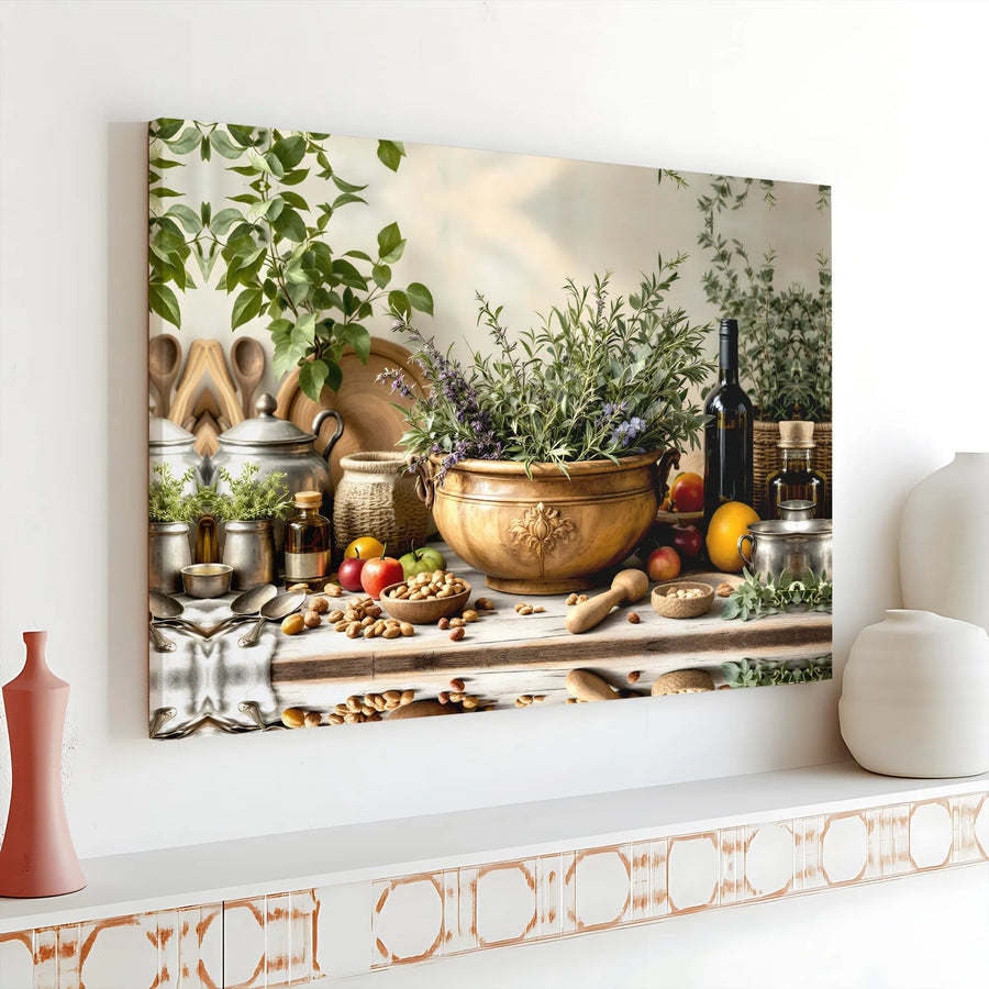 Rustic Kitchen Still Life Canvas | Fresh Herbs Wine And Fruit Art | Premium 1.25 Inch Gallery Wrap | Farmhouse Decor For Dining Room