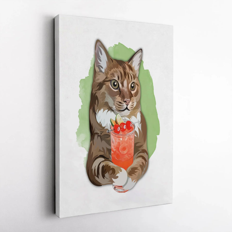Brown Tabby Cat Wall Art | Whimsical Cocktail Drink Illustration | Premium 1.25" Gallery Wrap Canvas | Unique Home Office Decor Gift