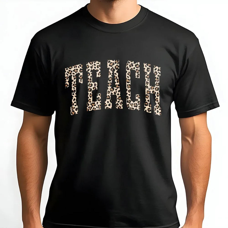 Leopard Teacher T-Shirt | Cheetah Print Varsity 'Teach' Design | Premium Soft Cotton | Appreciation Gift for Educators