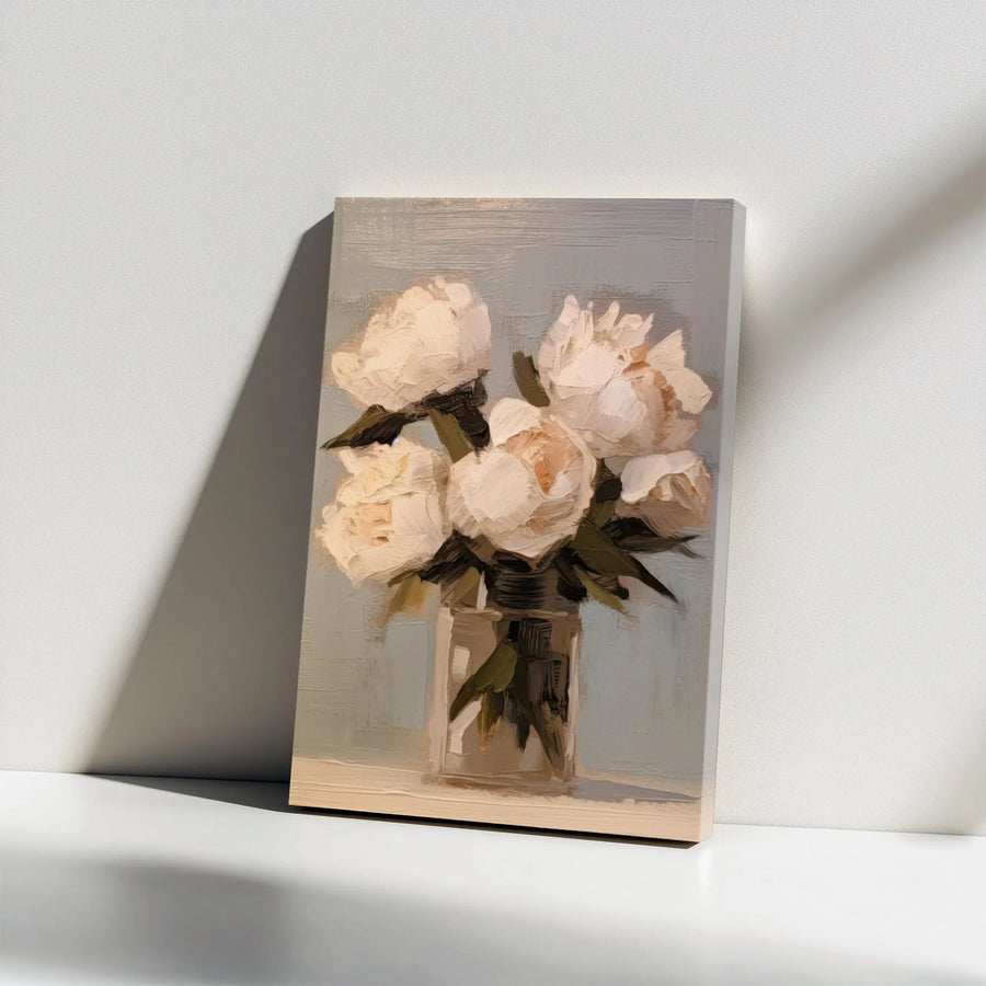 White Peony Flower Canvas Art | Impressionist Floral Still Life Painting | Premium 1.25" Gallery Wrap | Modern Home Office Wall Decor Gift