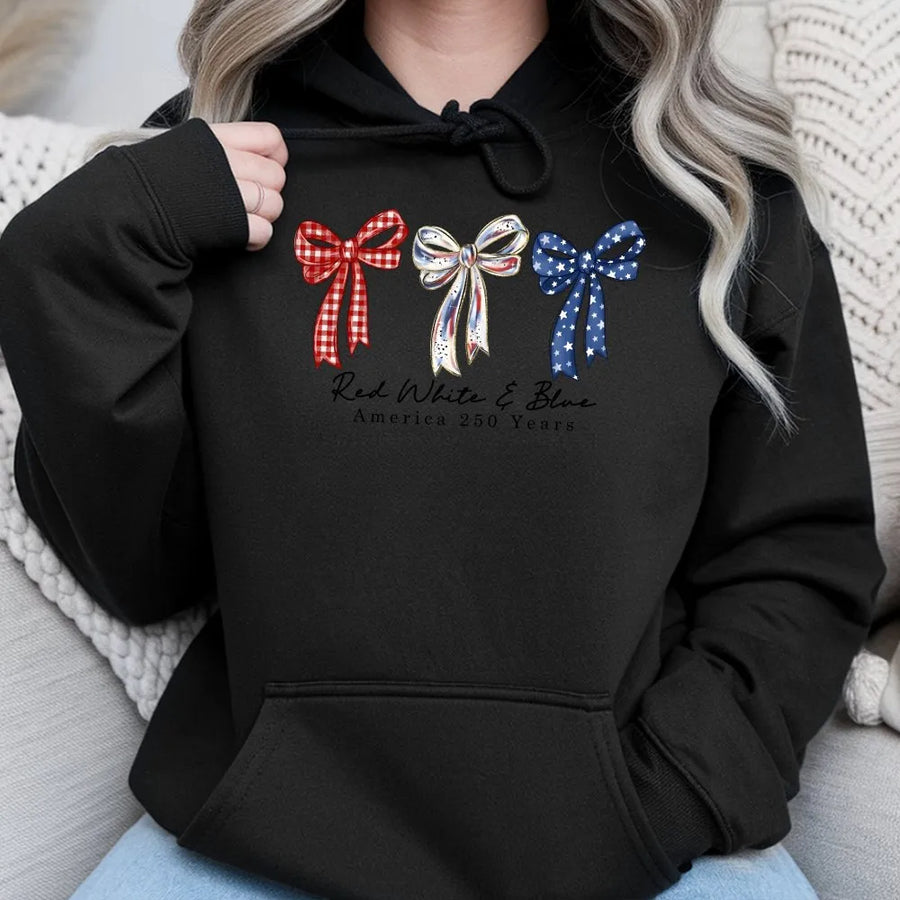 Patriotic Coquette Bow Hoodie | America 250 Years Graphic | Soft Cotton Blend | 4th of July Gift for Women