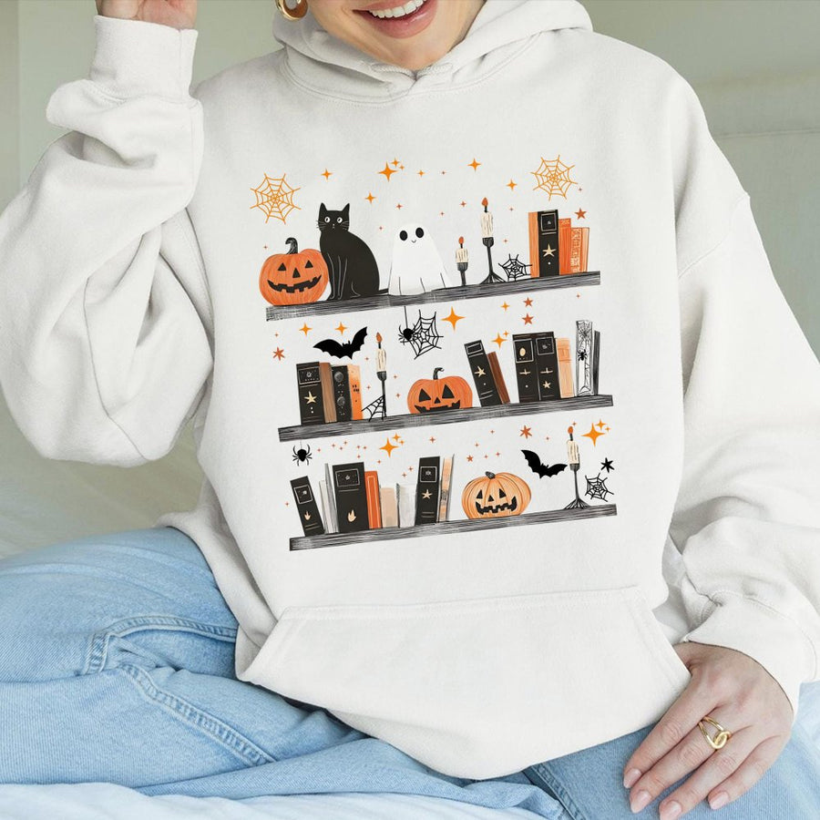 Halloween Bookshelf Hoodie | Spooky Ghost and Cat Library Graphic | Premium Cotton Blend Pullover | Cute Book Lover Gift for Readers