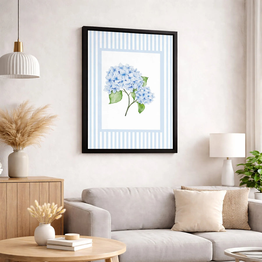 Blue Hydrangea Canvas Print | Watercolor Floral Art With Striped Border | Premium Gallery Wrap Wall Decor | Botanical Home Gift For Her