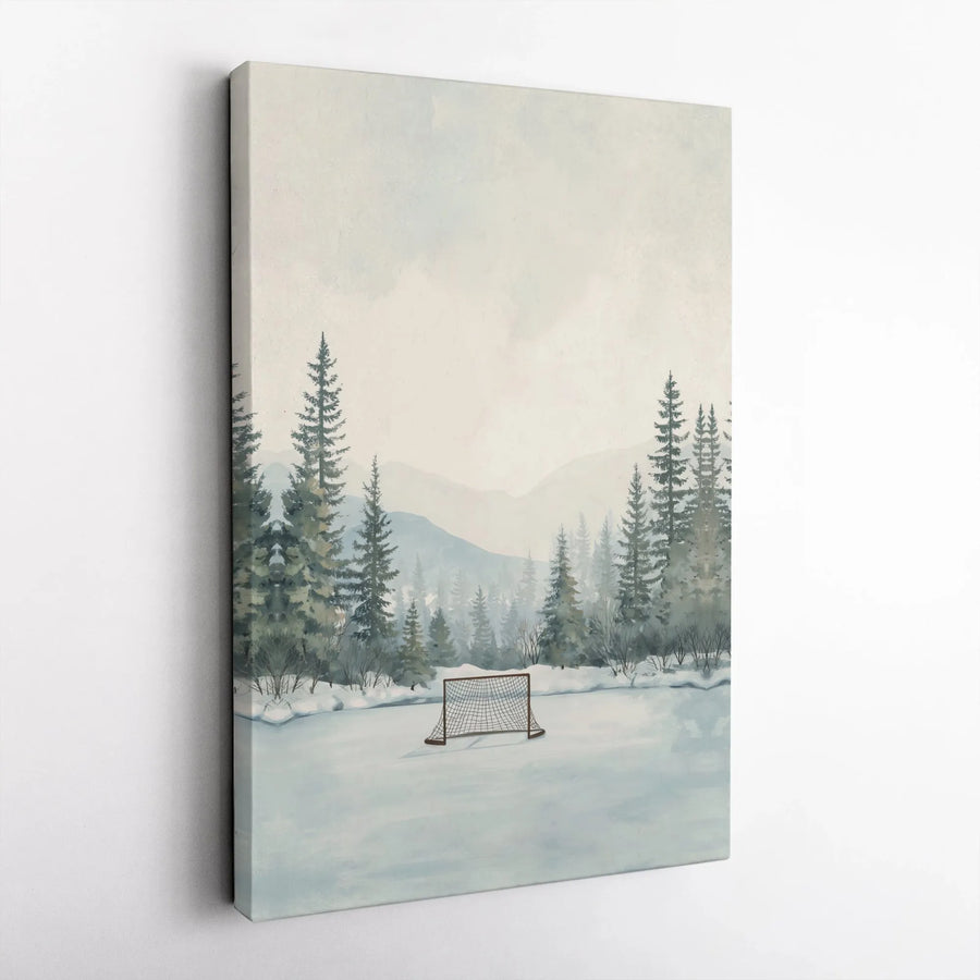 Pond Hockey Canvas Wall Art | Watercolor Winter Landscape Painting | Premium Gallery Wrap | Gift for Hockey Player & Man Cave Decor