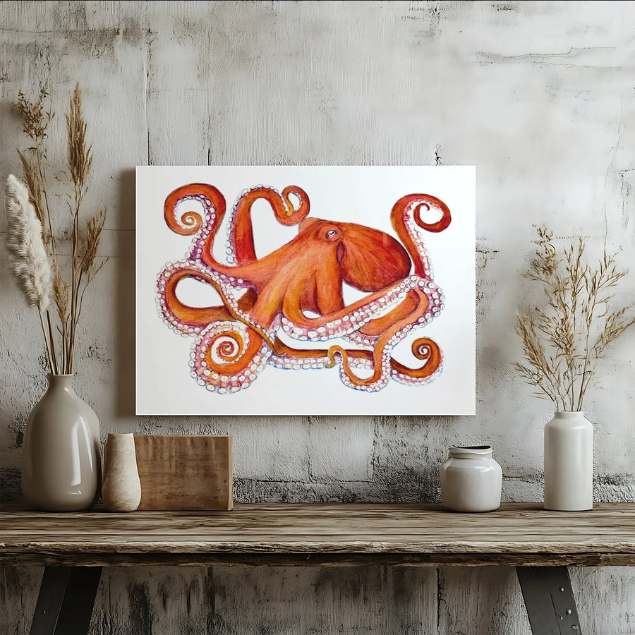 Octopus Watercolor Canvas Wall Art | Nautical Marine Animal Illustration | Premium Gallery Wrapped Canvas | Coastal Home & Bathroom Decor Gift