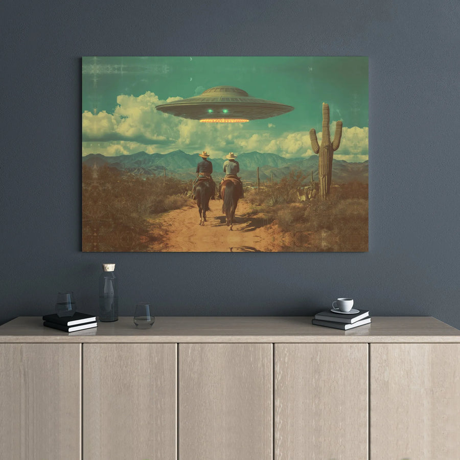 Cowboy Alien UFO Canvas Print | Surreal Desert Landscape Wall Art | Premium Gallery Wrap Decor | Unique Sci-Fi Gift for Men and Women