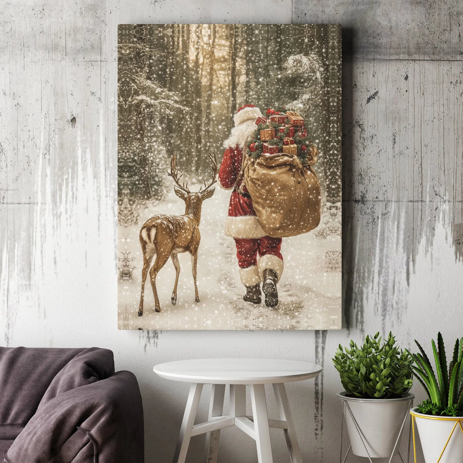 Santa Claus Wall Art | Snowy Forest Reindeer Christmas Canvas | Premium Gallery Wrap Decor | Festive Holiday Gift for Home
