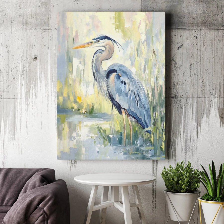Great Blue Heron Canvas Wall Art | Impressionist Marsh Bird Painting | Premium Gallery Wrapped Decor | Nature Lover Living Room Gift
