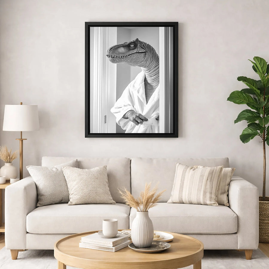 T-Rex Bathroom Wall Art | Funny Dinosaur In Bathrobe Print | Premium Gallery Wrap Canvas | Unique Home Decor Gift For Kids And Adults