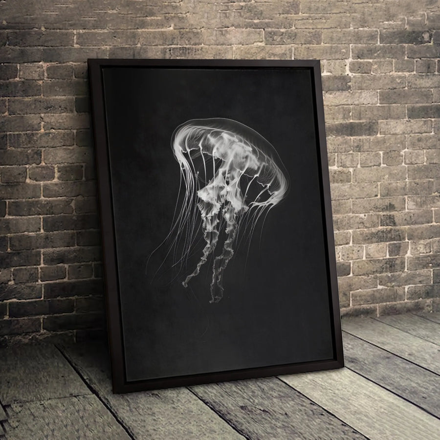 Jellyfish Wall Art Canvas | Minimalist Black and White Marine Life Print | 1.25-inch Thick Gallery Wrap | Modern Home Office Decor