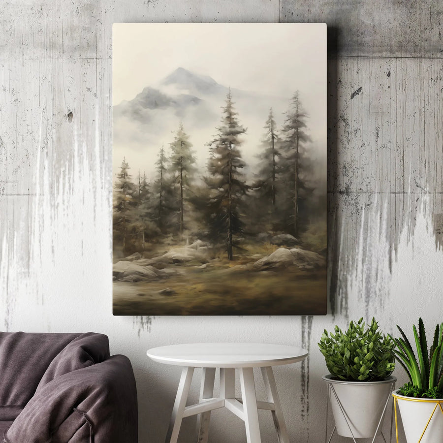 Misty Mountain Forest Canvas Wall Art | Foggy Pine Tree Landscape Print | Premium 1.25" Gallery Wrap | Nature-Inspired Home Office Decor