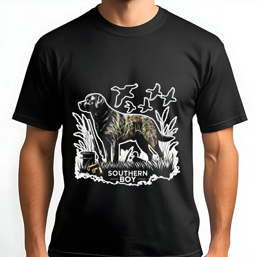 Southern Boy Hunting T-Shirt | Labrador Retriever Camo Duck Hunter Graphic | Premium Cotton Unisex Tee | Gift for Country Outdoor Enthusiasts