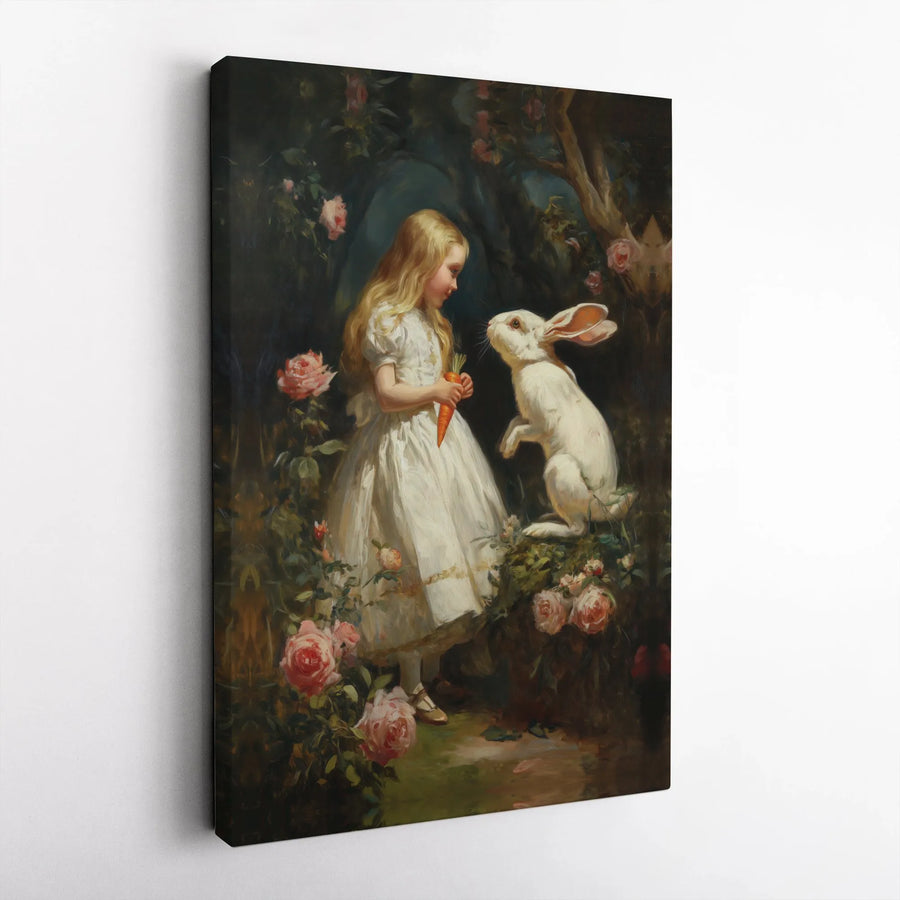 Vintage Girl and Rabbit Canvas Print | Victorian Style Botanical Illustration | Premium Gallery Wrap Wall Art | Whimsical Nursery Decor Gift
