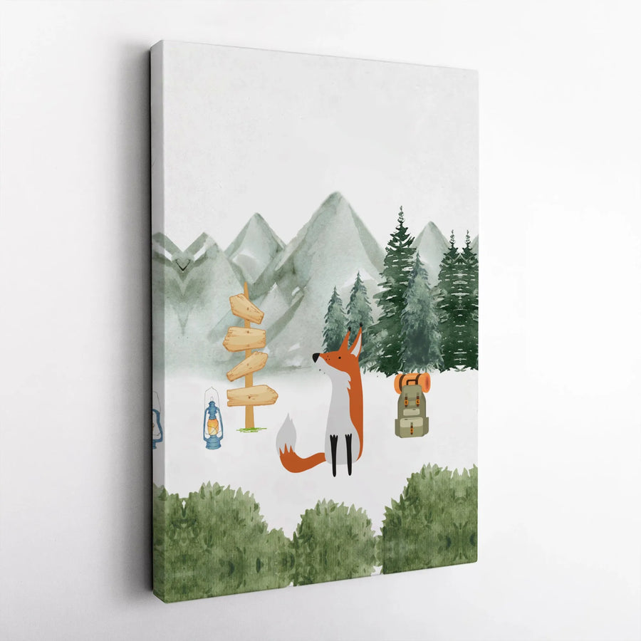 Woodland Fox Canvas Print | Watercolor Mountain Adventure Art | Premium Gallery Wrapped Canvas | Nursery Decor Gift for Kids