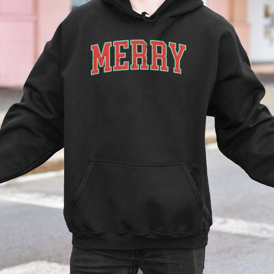 Merry Christmas Hoodie | Retro Varsity Text Holiday Sweatshirt | Premium Cotton Blend | Unisex Festive Winter Gift For Men And Women