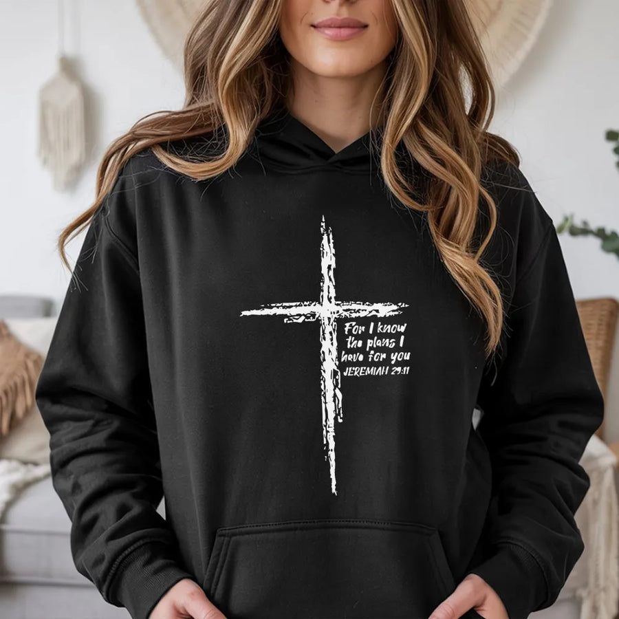 Jeremiah 29:11 Hoodie | Minimalist Cross Bible Verse Graphic | Premium Cotton Blend | Christian Gift for Men and Women of Faith