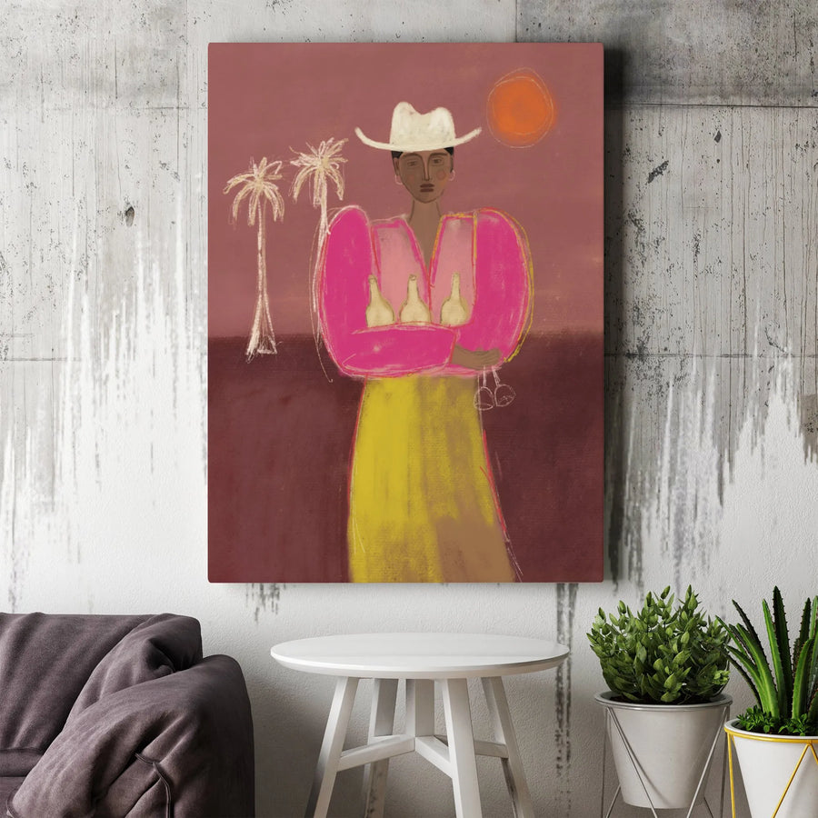 Boho Cowboy Woman Canvas Art | Abstract Wine Lover Wall Decor | Premium Gallery Wrap Print | Modern Western Home Decor Gift