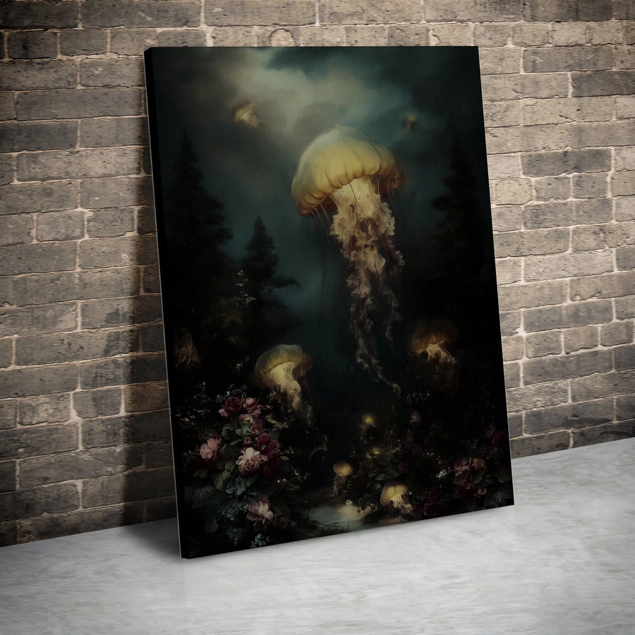 Surreal Jellyfish Forest Canvas Wall Art | Glowing Underwater Fantasy Print | Premium Fade-Resistant Gallery Wrap | Moody Home Decor Gift