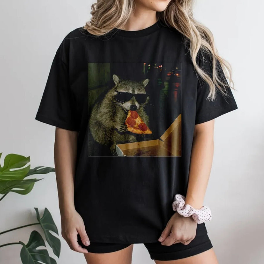 Raccoon Eating Pizza T-Shirt | Cool Sunglasses Animal Meme Graphic | Premium Soft Cotton Tee | Funny Gift For Animal Lovers And Men Women