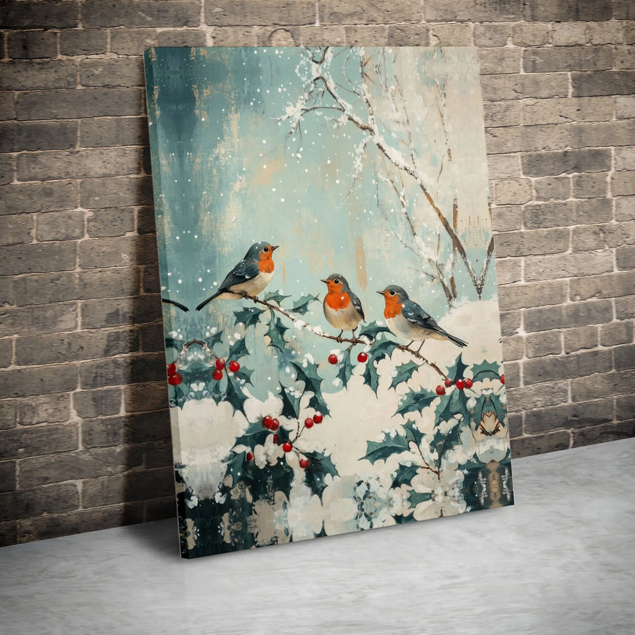 Winter Robin Canvas Wall Art | Snowy Holly Branch Christmas Painting | Premium Fade-Resistant Gallery Wrap | Festive Holiday Home Decor Gift