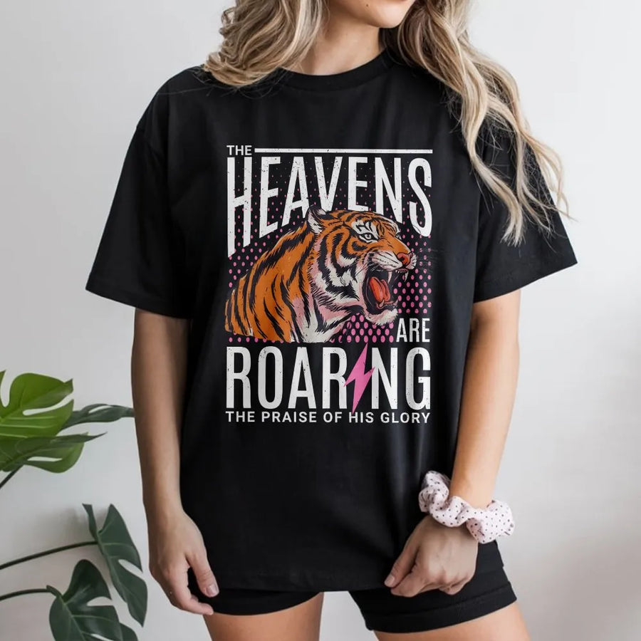 Christian T-Shirt | Heavens Are Roaring Tiger Graphic | 90s Aesthetic Soft Pullover | Religious Faith Gift for Men & Women