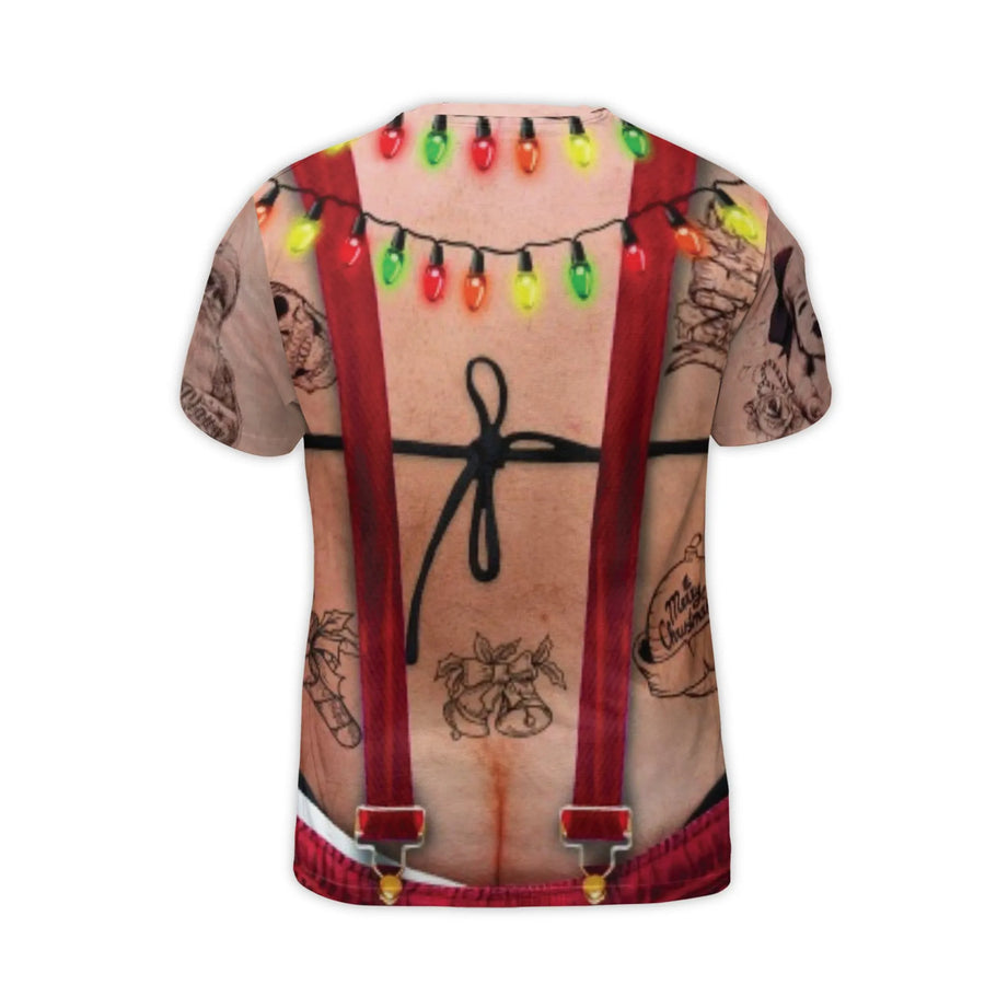 Funny Ugly Christmas T-Shirt | Hairy Chest Bikini Suspenders Graphic Print | Premium Polyester Spandex | Hilarious Gag Gift for Men