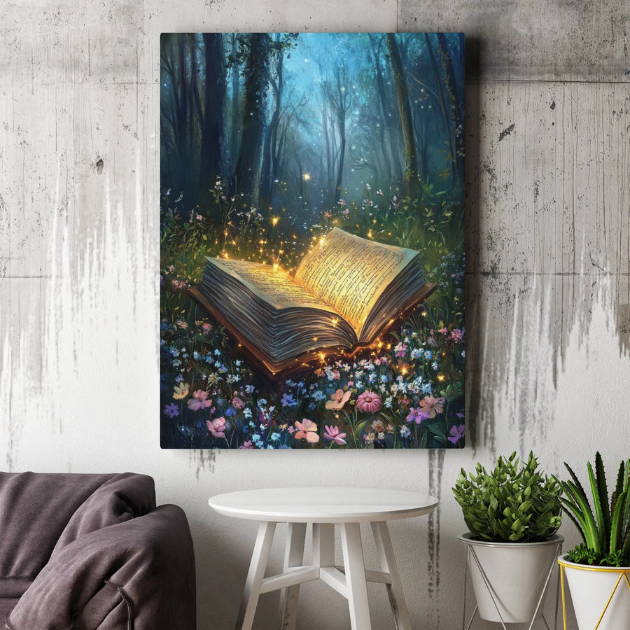 Enchanted Book Vertical Canvas | Mystical Forest Glowing Storybook Art | Premium Gallery Wrapped Print | Gift for Readers & Library Decor