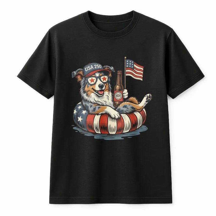 USA 250th Anniversary Dog T-Shirt | Patriotic Aussie Shepherd with American Flag | Premium Unisex Pullover | Independence Day Gift for Dog Lover