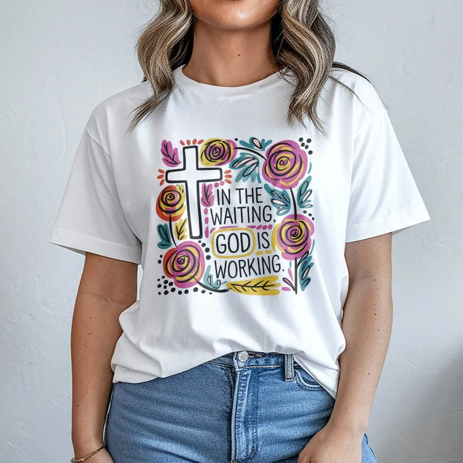 In The Waiting God Is Working T-Shirt | Christian Faith Floral Cross Design | Premium 100% Cotton Tee | Inspirational Religious Gift For Her