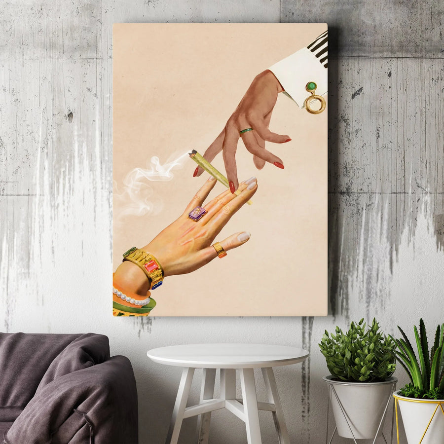 Surreal Collage Canvas Wall Art | Hands Passing Joint Retro Aesthetic | Premium Gallery Wrap Print | Edgy Home Decor For Stoner Aesthetic